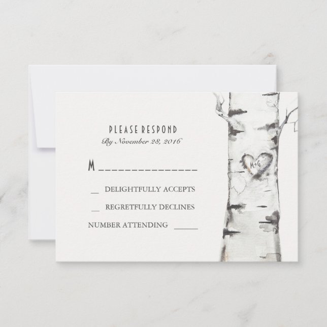 Birch Wood Heart Rustic Wedding RSVP Cards (Front)