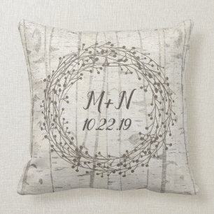 Birch wood wreath monogram wedding throw pillow
