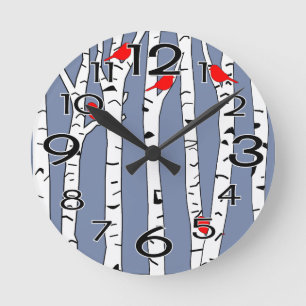 Birches and Birds Round Clock