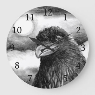 Bird 64 Crow Raven Moon black white Large Clock