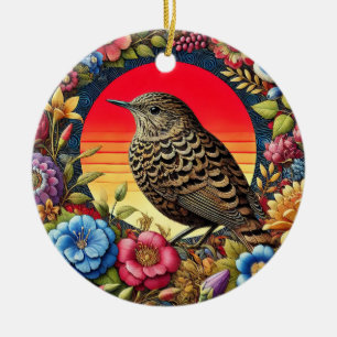Bird Amid Colourful Flowers Ceramic Tree Decoration