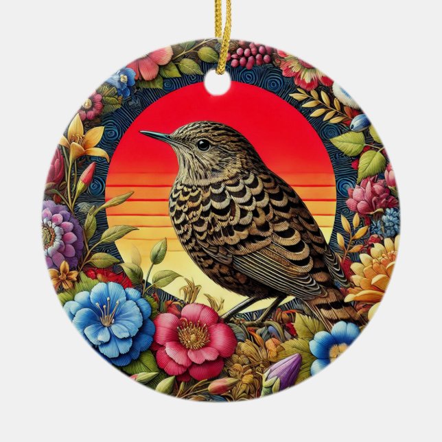 Bird Amid Colourful Flowers Ceramic Tree Decoration (Front)