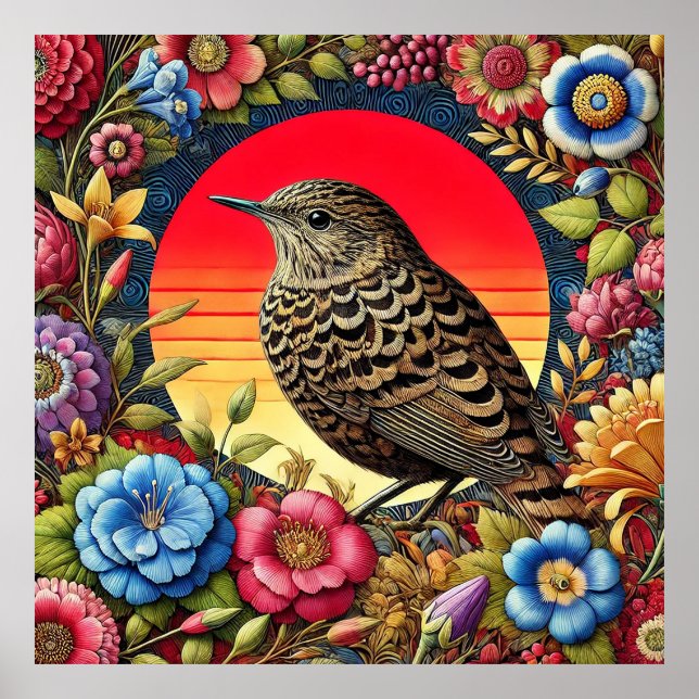 Bird Amid Colourful Flowers Poster (Front)