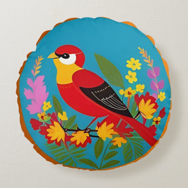 🌿 Bird Among Flowers Nature Decor 🐦 Round Cushion (Front)
