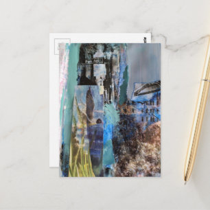 Bird and City Buildings mixed media collage Postcard