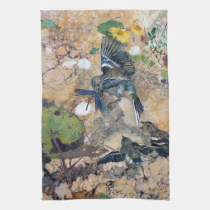 Bird and Dragonfly, Bruno Liljefors Tea Towel