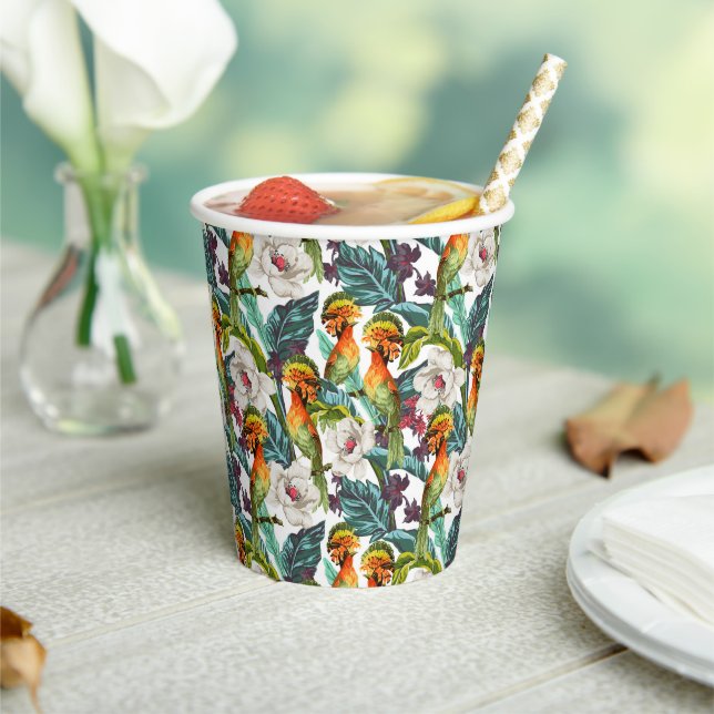 Bird And Exotic Flower Pattern | Monogram 2 Paper Cups (Insitu)