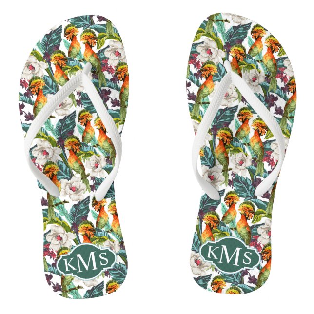 Bird And Exotic Flower Pattern | Monogram Jandals (Footbed)