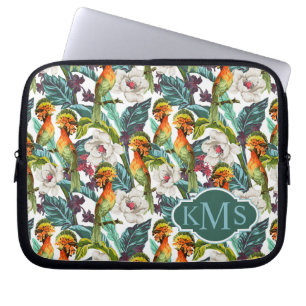Bird And Exotic Flower Pattern Monogram Laptop Sleeve
