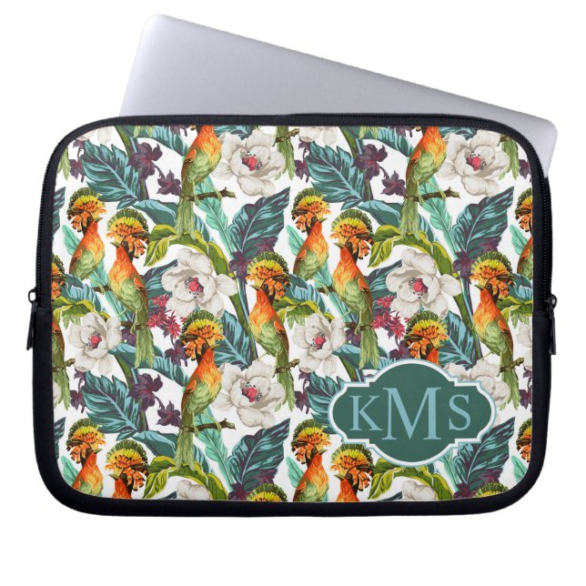 Bird And Exotic Flower Pattern | Monogram Laptop Sleeve (Front)