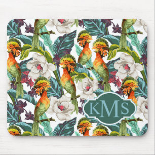 Bird And Exotic Flower Pattern Monogram Mouse Pad