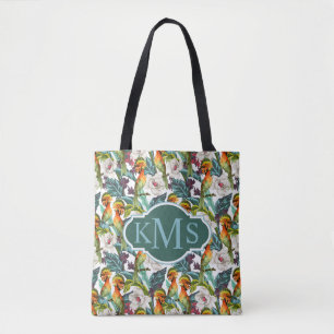 Bird And Exotic Flower Pattern   Monogram Tote Bag