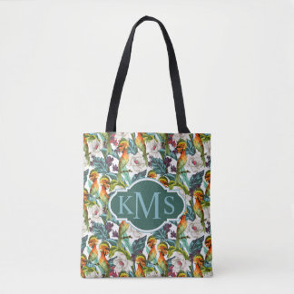 Bird And Exotic Flower Pattern | Monogram Tote Bag