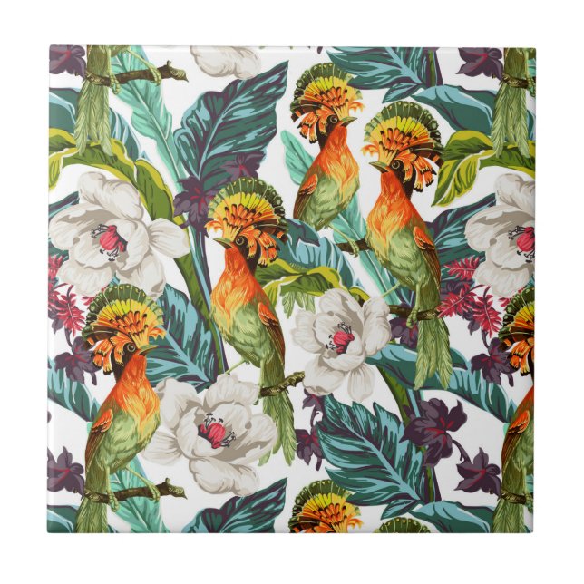 Bird And Exotic Flower Pattern Tile (Front)