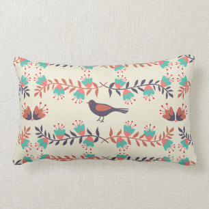 Bird and Floral Folk Art Lumbar Cushion