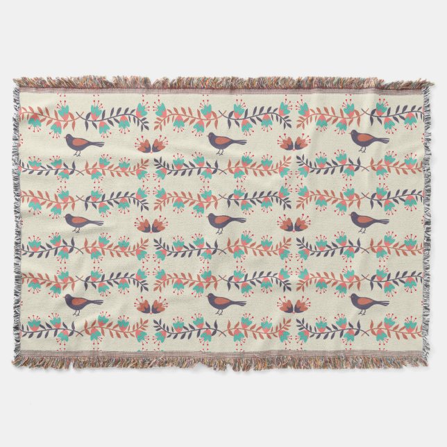 Bird and Floral Folk Art Pattern Throw Blanket (Front)