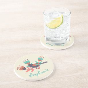 Bird and Floral Folk Art Personalised Coaster