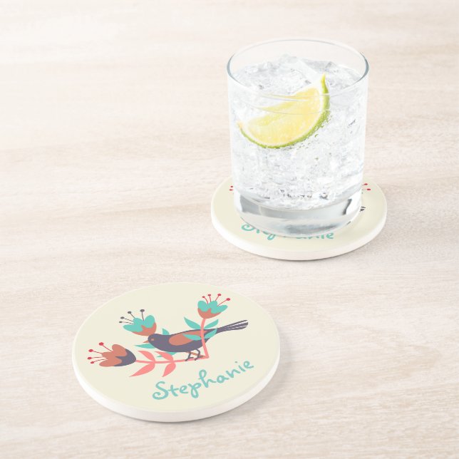 Bird and Floral Folk Art Personalised Coaster (Side)