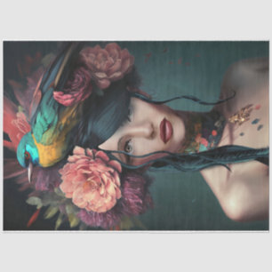 Bird and Floral Headpiece beautiful face Portrait Tissue Paper