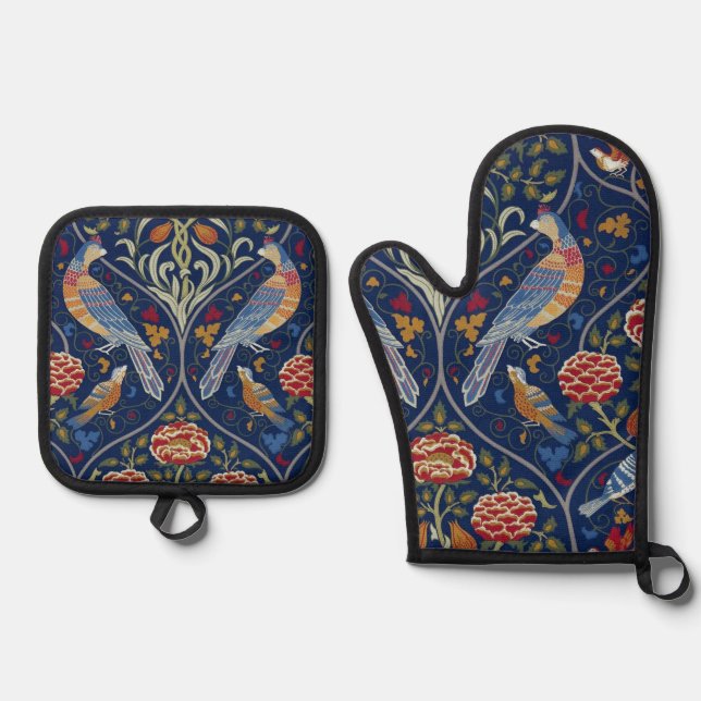 Bird and Floral Pattern, William Morris Oven Mitt & Pot Holder Set (Front)