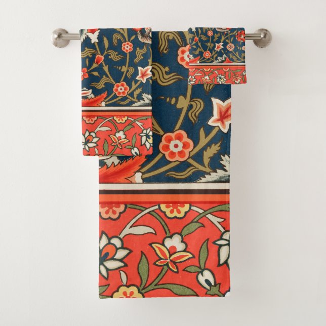 Bird and Flower Persian Blue Red Pattern Bath Towel Set (Insitu)