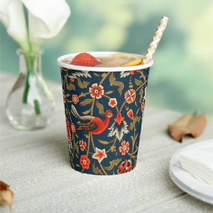 Bird and Flower Persian Blue Red Pattern Paper Cups
