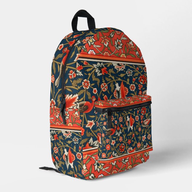 Bird and Flower Persian Blue Red Pattern Printed Backpack (Back Corner Left)