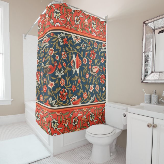 Bird and Flower Persian Blue Red Pattern Shower Curtain (In Situ)