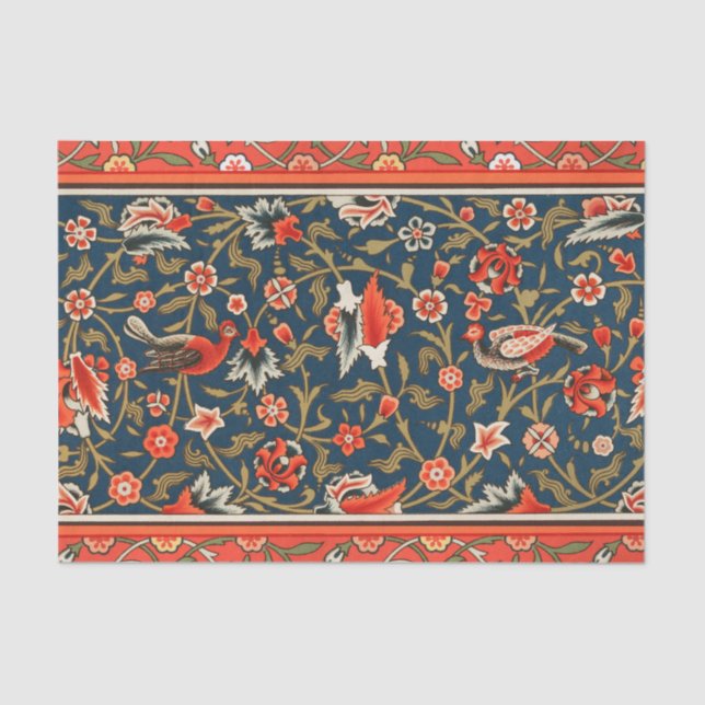 Bird and Flower Persian Blue Red Pattern Tissue Paper (Front)