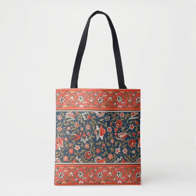 Bird and Flower Persian Blue Red Pattern Tote Bag (Front)