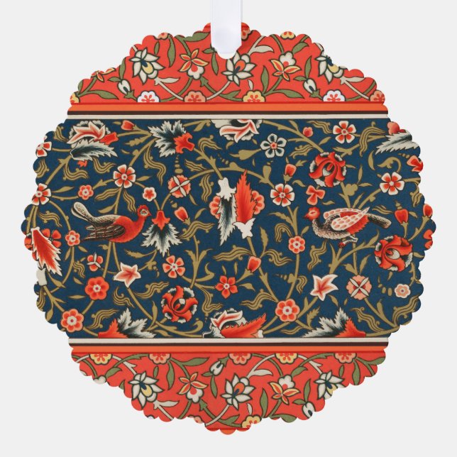 Bird and Flower Persian Blue Red Pattern Tree Decoration Card (Front)