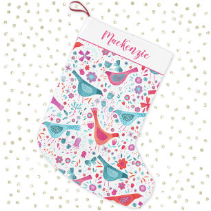 Bird and Flower Watercolor Personalised Small Christmas Stocking