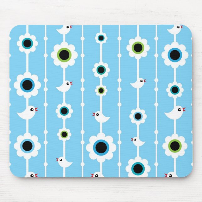 bird and flowers blue pattern mouse pad (Front)