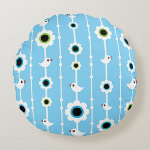 bird and flowers blue pattern round cushion