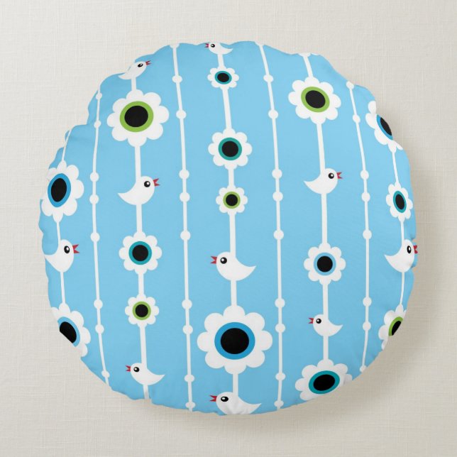 bird and flowers blue pattern round cushion (Front)