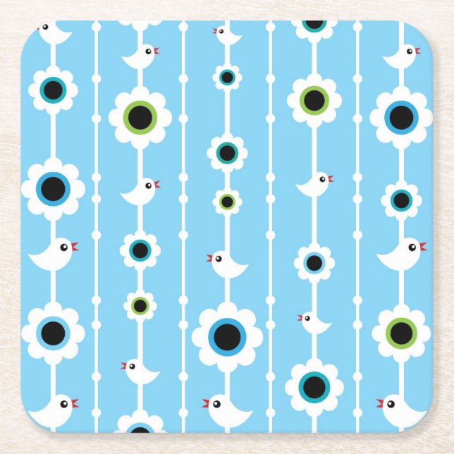 bird and flowers blue pattern square paper coaster (Front)