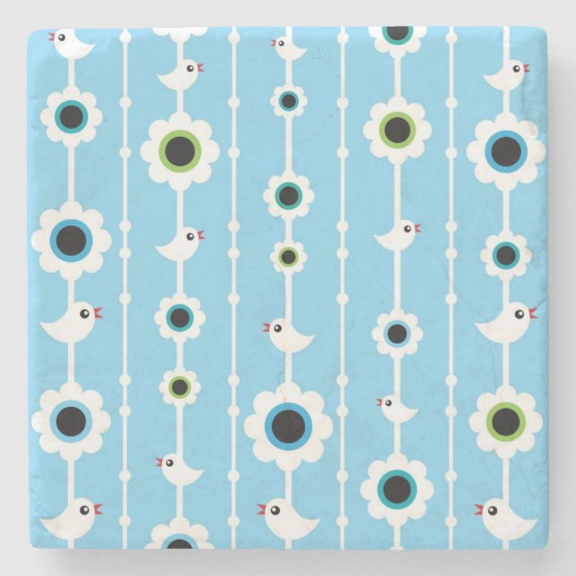bird and flowers blue pattern stone coaster (Front)