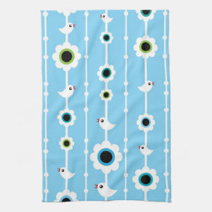 bird and flowers blue pattern tea towel