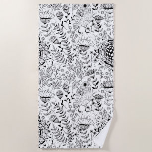 Bird and flowers doodle pattern beach towel