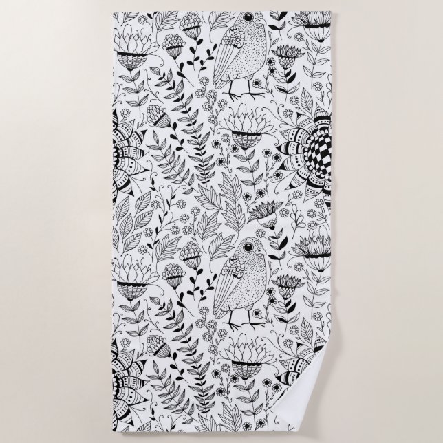 Bird and flowers doodle pattern beach towel (Front)