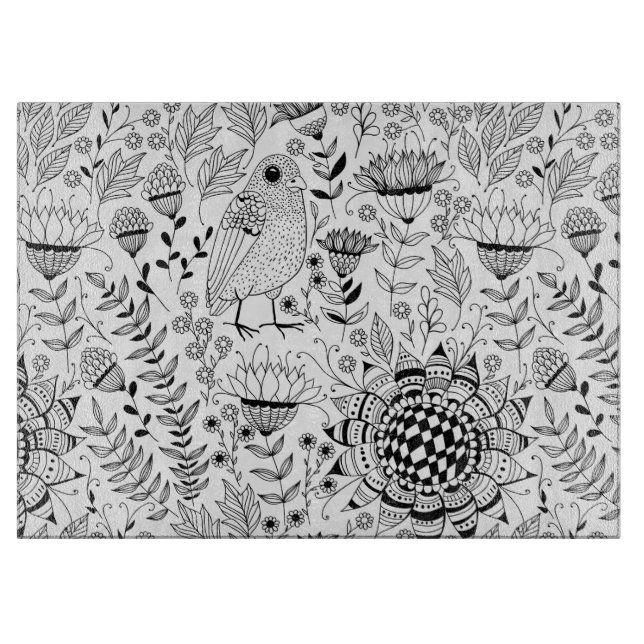 Bird and flowers doodle pattern cutting board (Front)