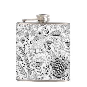 Bird and flowers doodle pattern hip flask