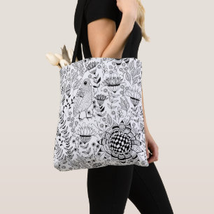 Bird and flowers doodle pattern tote bag