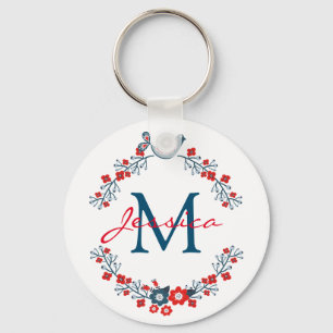 Bird and Flowers Folk Art Wreath Monogram Key Ring