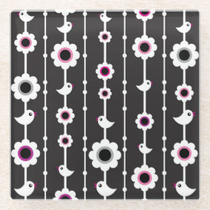 bird and flowers pattern glass coaster