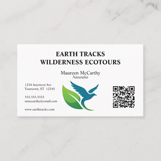 Bird and Leaf QR Code Ecotourism Conservation Business Card (Front)