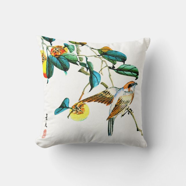 Bird and Persimmons 1892 Cushion (Front)