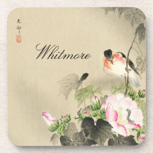 Bird and Pink Blossoms Vintage Japanese Print Coaster