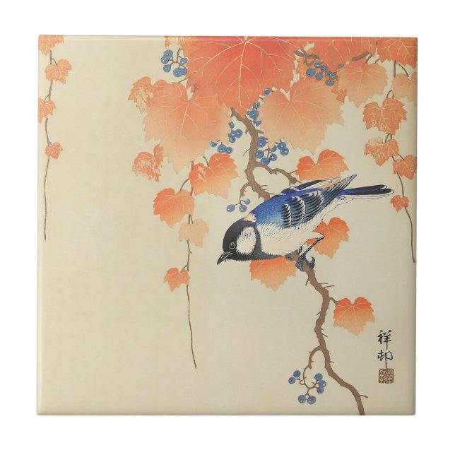 Bird and Red Ivy by Ohara Koson Tile (Front)