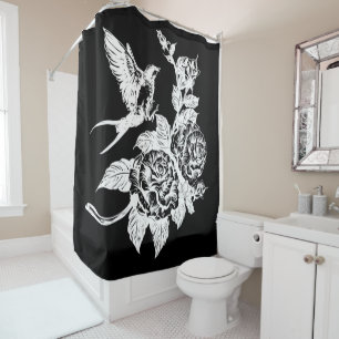 Bird and roses tattoo style shower curtain